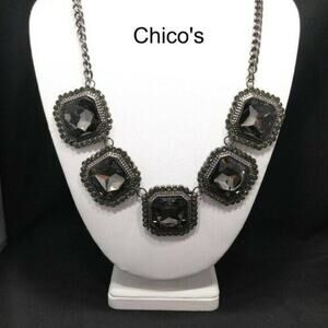 Chico's Art Deco Style Gray Crystal & Rhinestone Silver Necklace, NWT, 22 Inches